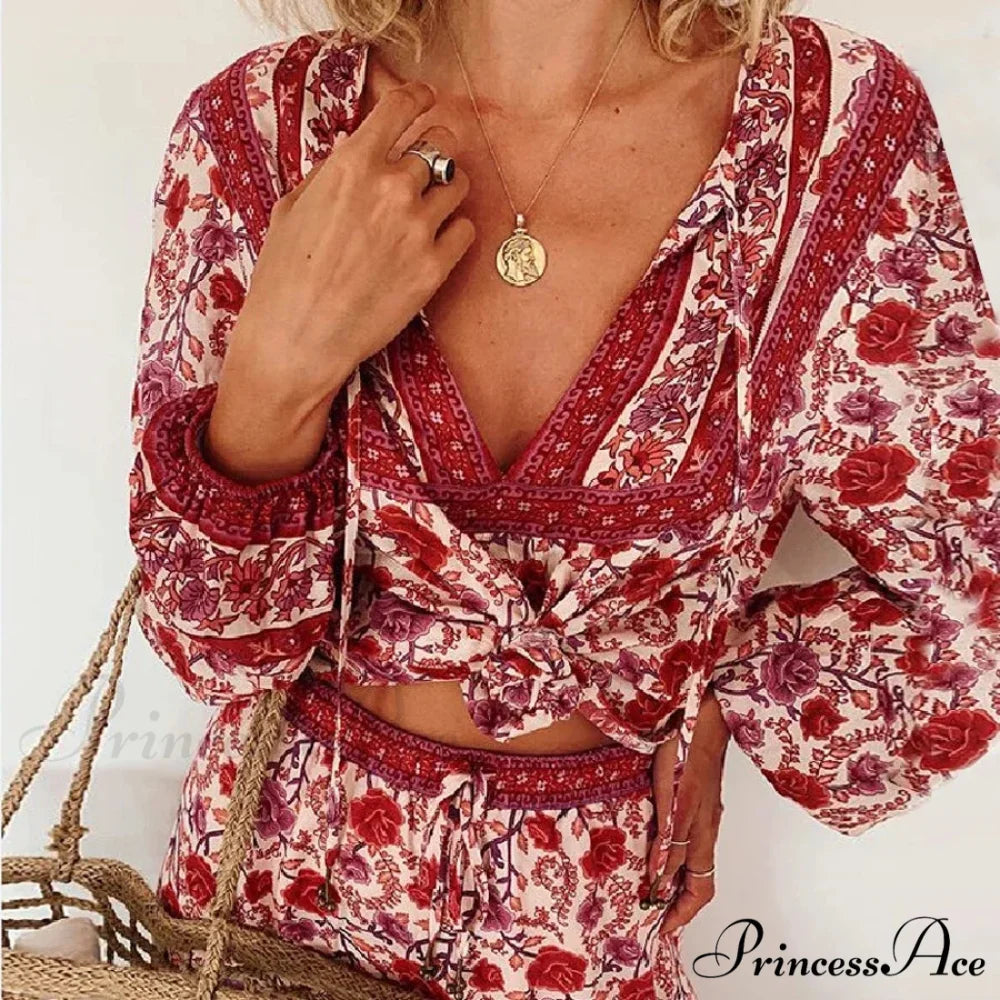 Cotton Crimson Floral Print Lantern Sleeve Boho Top