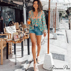 Cotton Crimson Floral Print Lantern Sleeve Boho Top