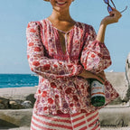 Cotton Crimson Floral Print Lantern Sleeve Boho Top