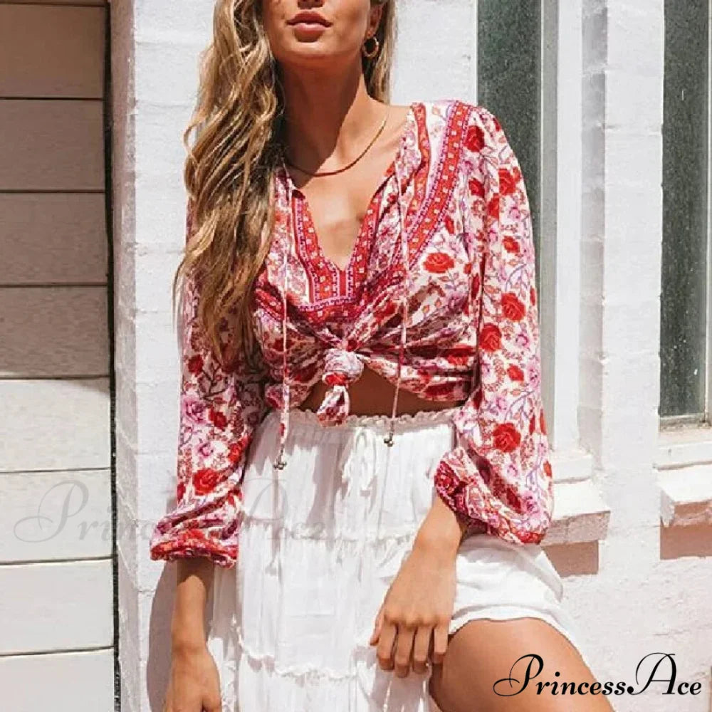 Cotton Crimson Floral Print Lantern Sleeve Boho Top
