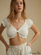 Cotton Eyelet Lettuce Trendy Trim Crop Knit Top