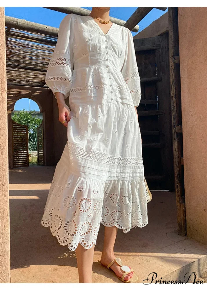 Cotton Flower V-neck Trim Summer Boho Dress