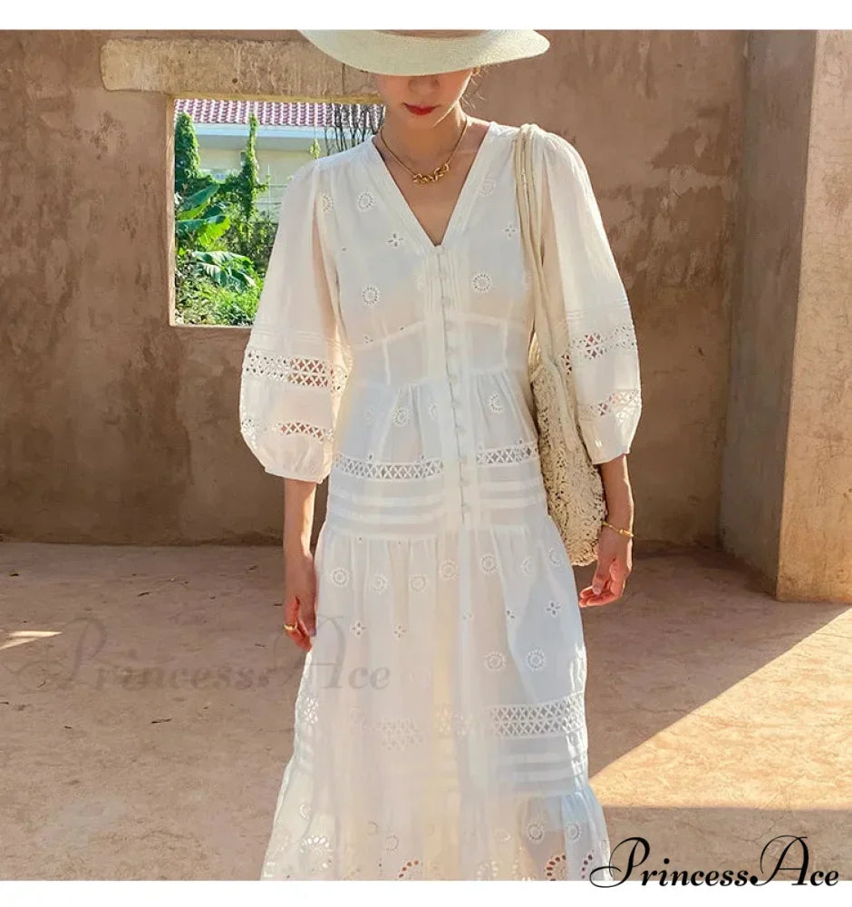 Cotton Flower V-neck Trim Summer Boho Dress