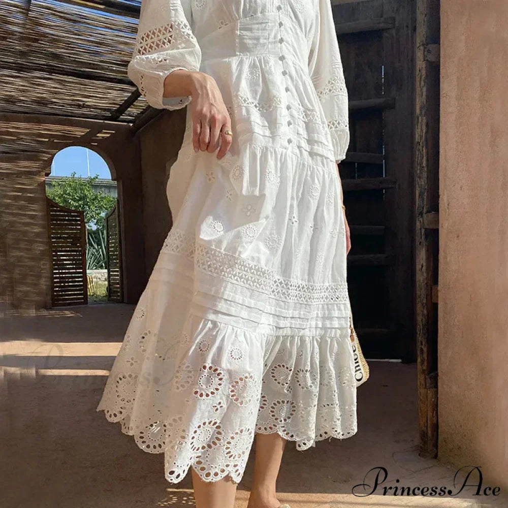 Cotton Flower V-neck Trim Summer Boho Dress