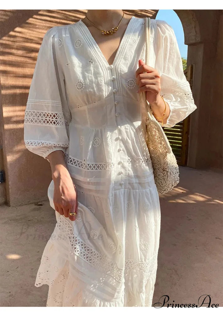 Cotton Flower V-neck Trim Summer Boho Dress