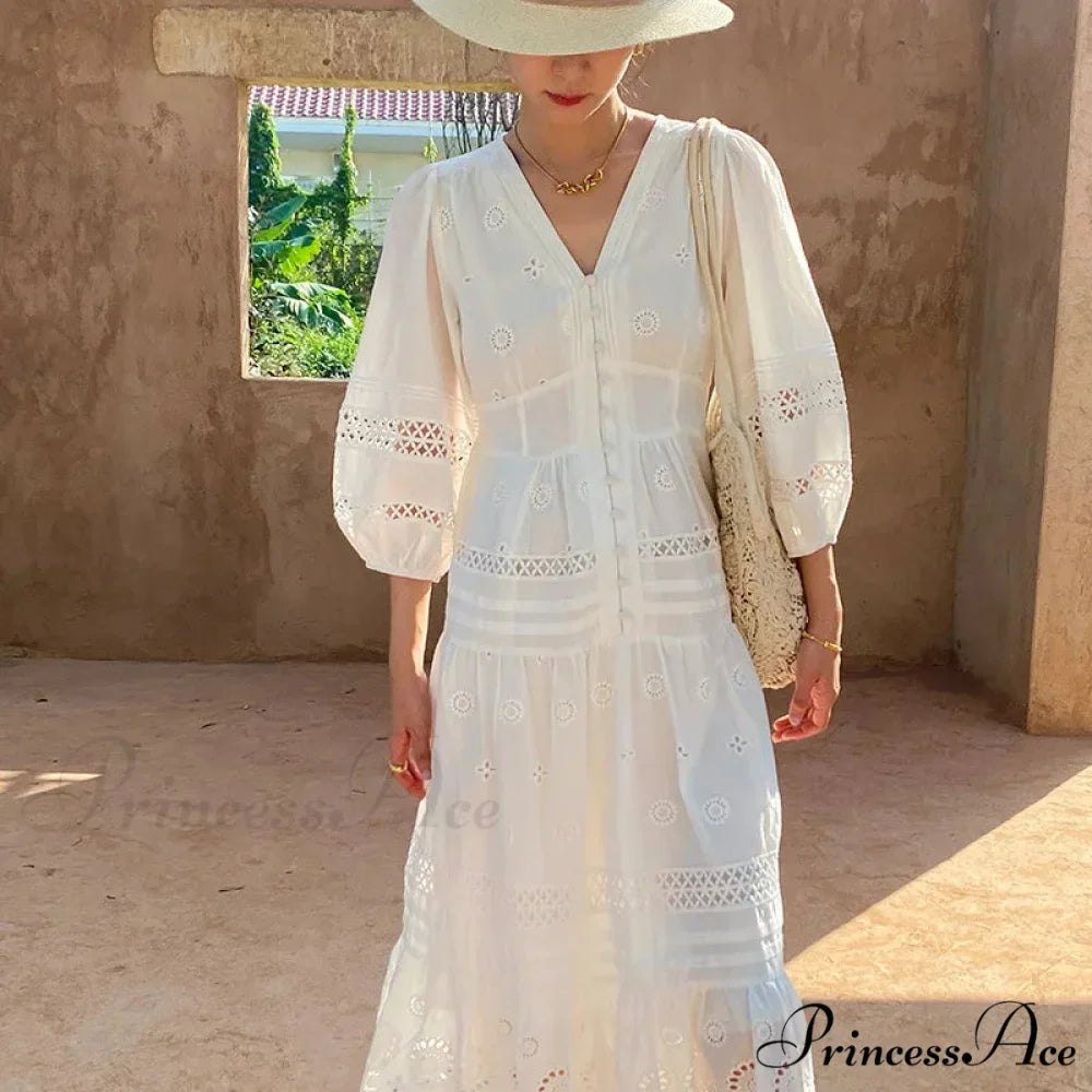 Cotton Flower V-neck Trim Summer Boho Dress