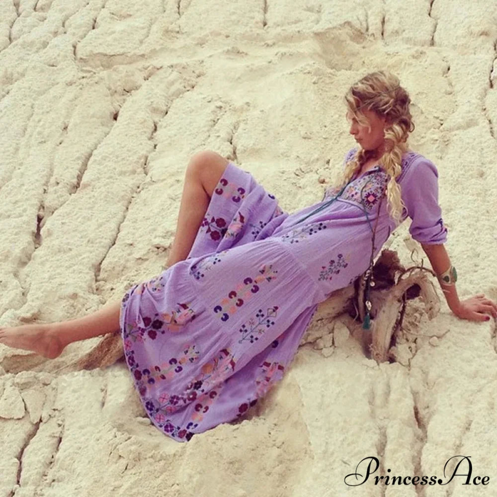 Cotton Flowery Stitched Long Dress