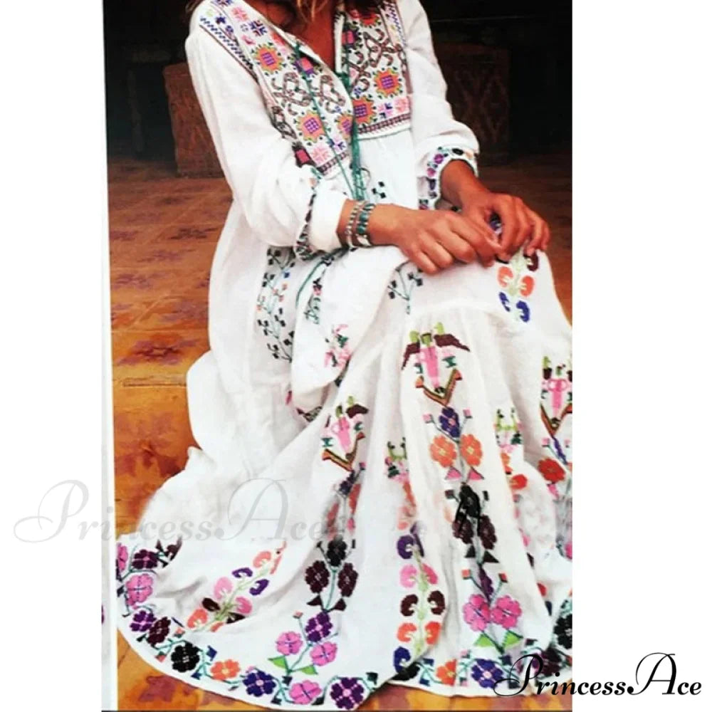 Cotton Flowery Stitched Long Dress