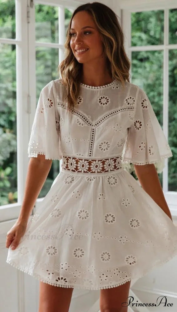 Cotton Half Sleeve Seductive Backless Hollow Out Mini Boho Dress