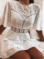 Cotton Half Sleeve Seductive Backless Hollow Out Mini Boho Dress