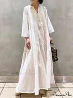 Cotton Linen Beach White V Neck Embroidered Boho Dress