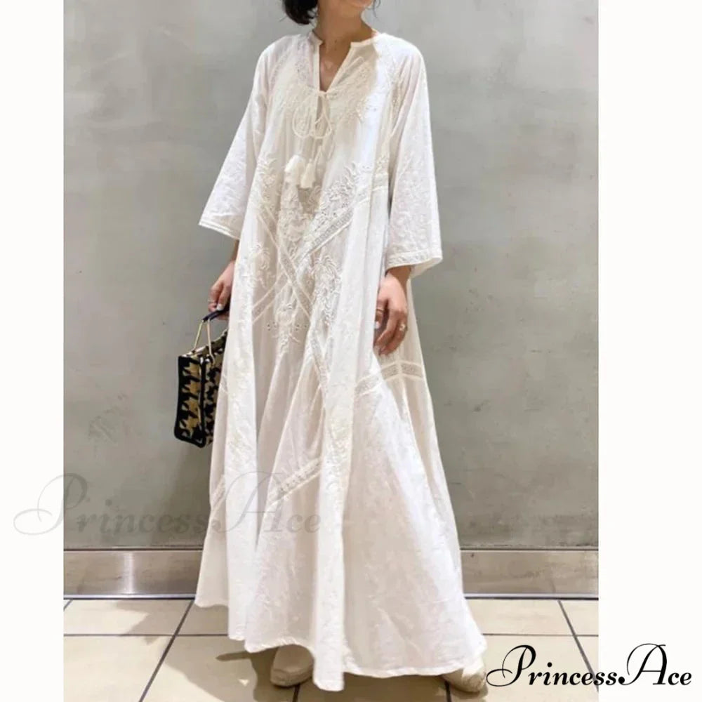 Cotton Linen Beach White V Neck Embroidered Boho Dress