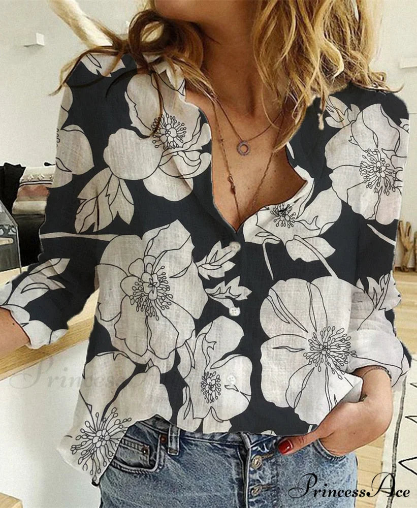 Cotton Linen Vintage Flower Print Blouse