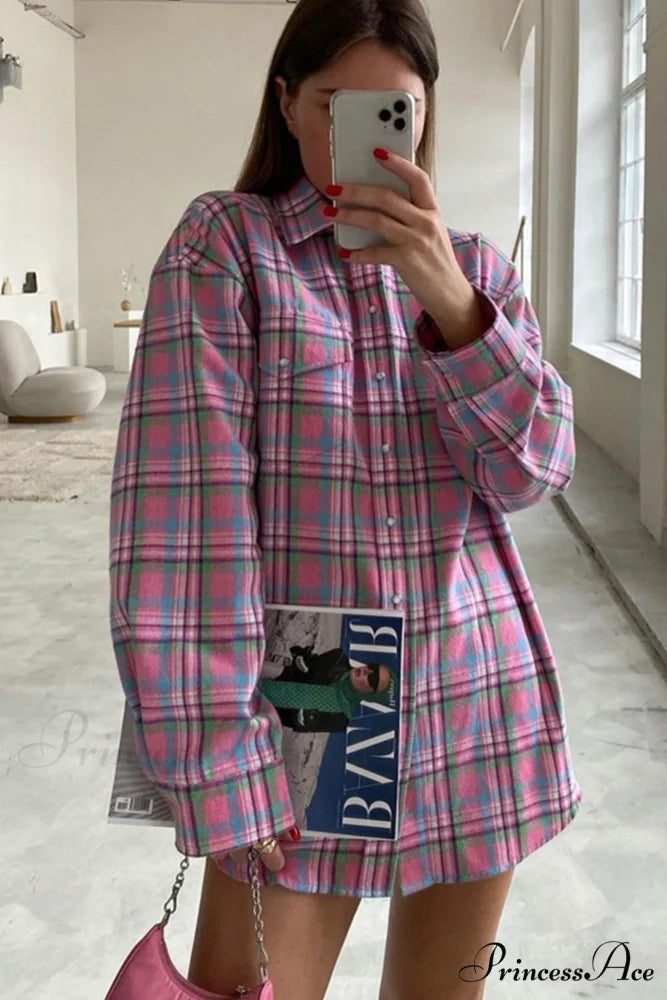 Cotton Plaid Blouse in Pink