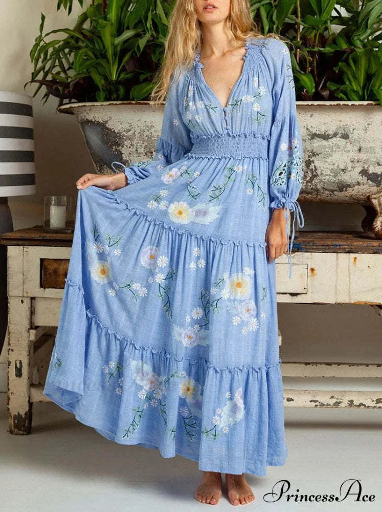 Cotton Rayon Azure Floral Embroidery Bohemian Dress