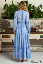 Cotton Rayon Azure Floral Embroidery Bohemian Dress