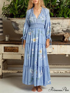 Cotton Rayon Azure Floral Embroidery Bohemian Dress
