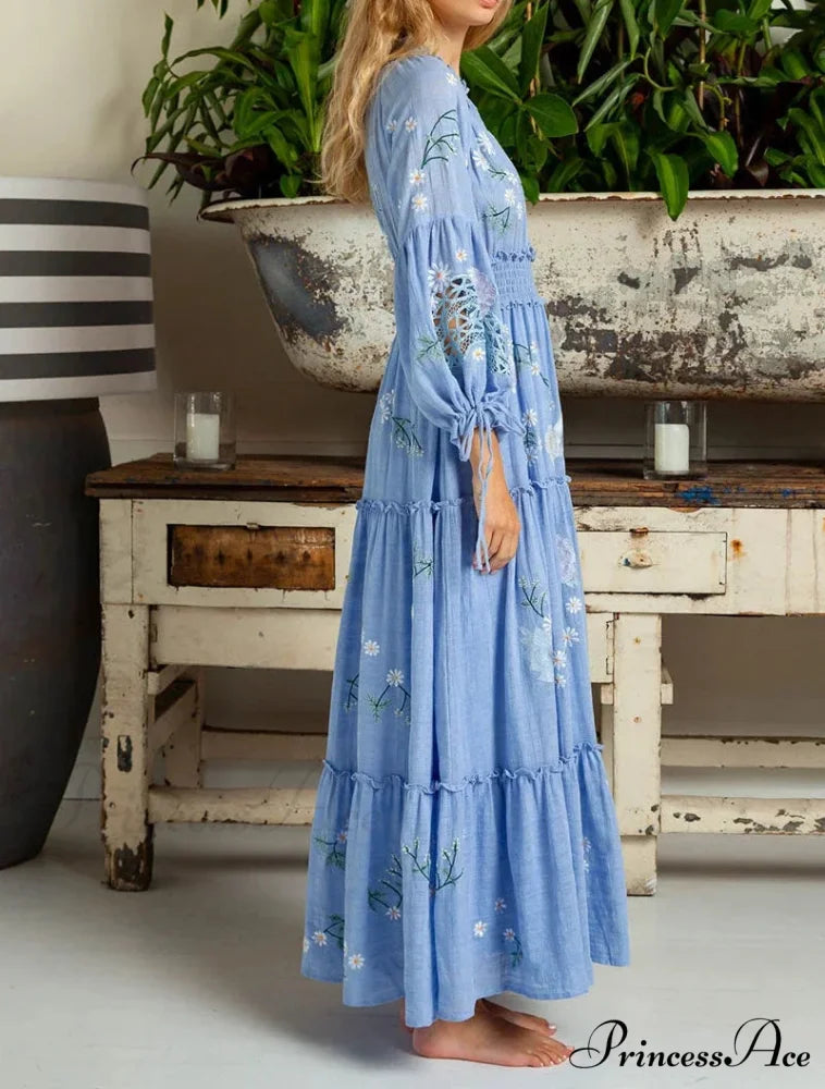 Cotton Rayon Azure Floral Embroidery Bohemian Dress