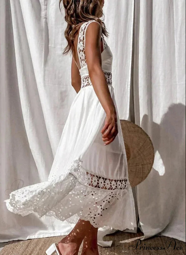 Cotton Sleeveless White Hollow Out Maxi Boho Sundress