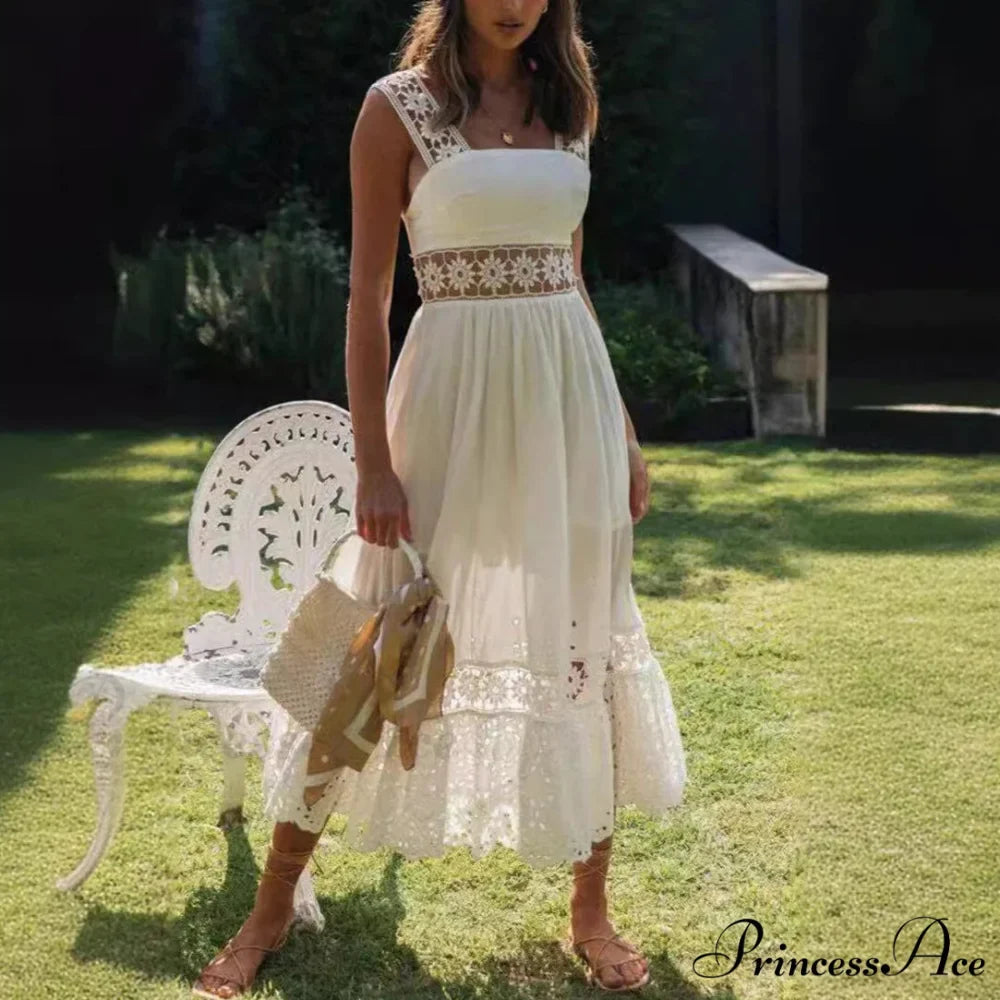 Cotton Sleeveless White Hollow Out Maxi Boho Sundress