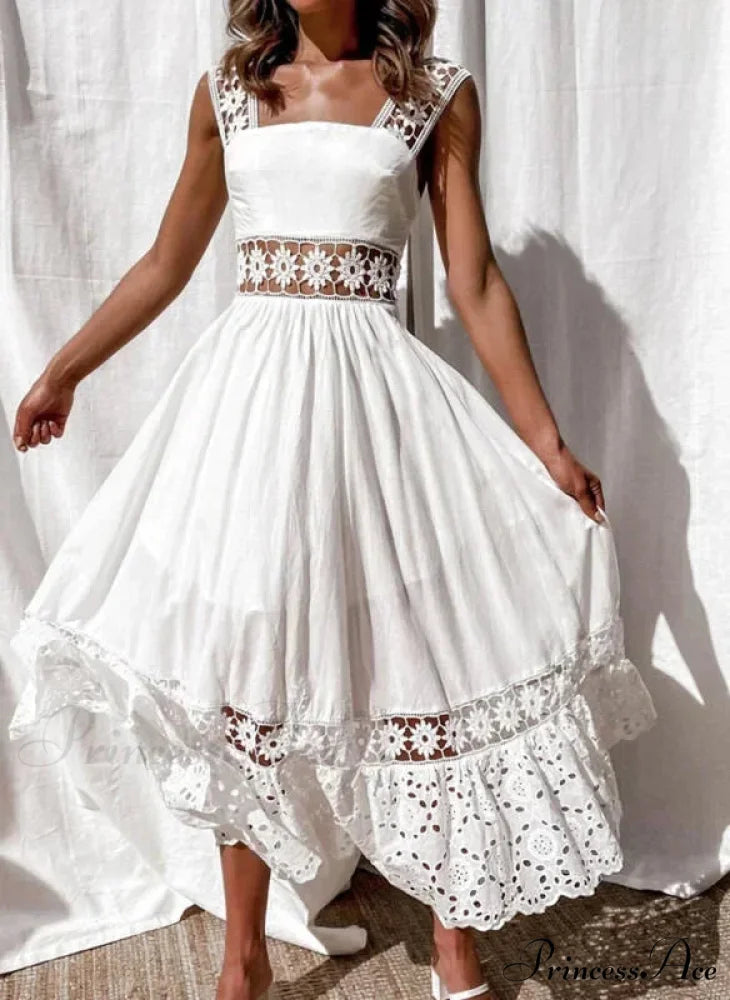 Cotton Sleeveless White Hollow Out Maxi Boho Sundress
