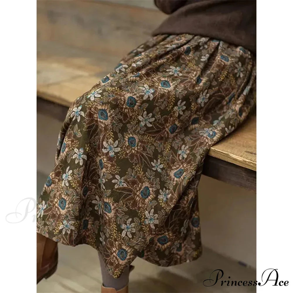 Cotton Vintage Printed Mid-Long Flowy Skirt