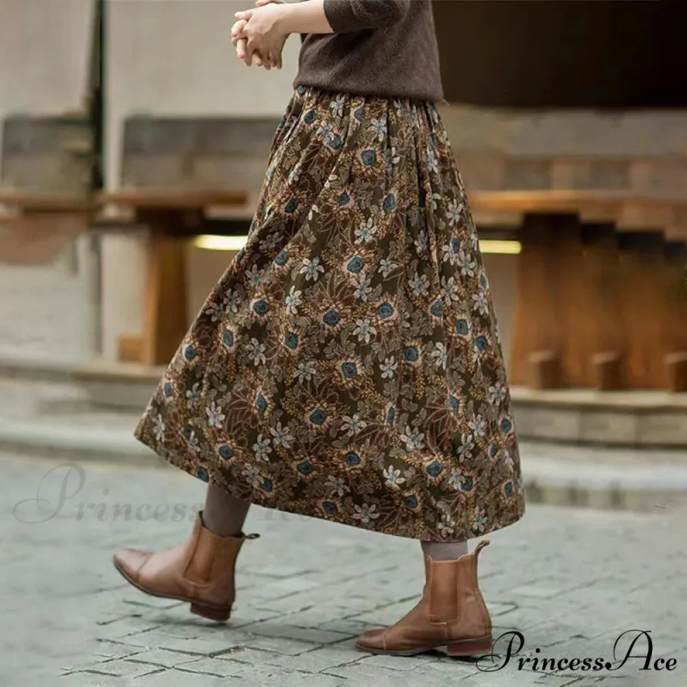 Cotton Vintage Printed Mid-Long Flowy Skirt