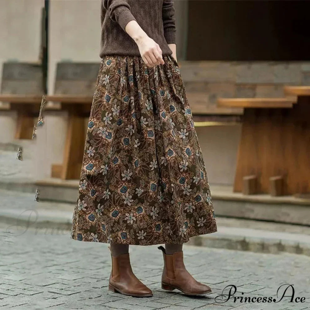 Cotton Vintage Printed Mid-Long Flowy Skirt