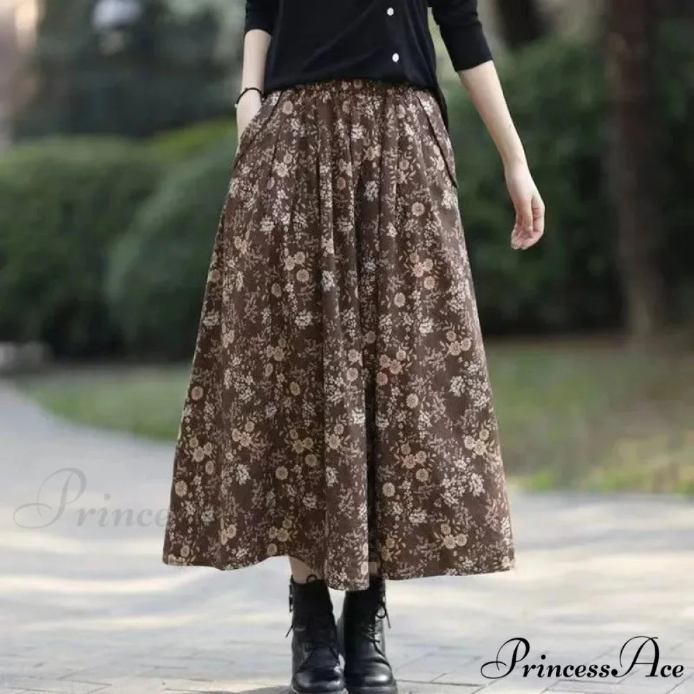 Cotton Vintage Printed Mid-Long Flowy Skirt