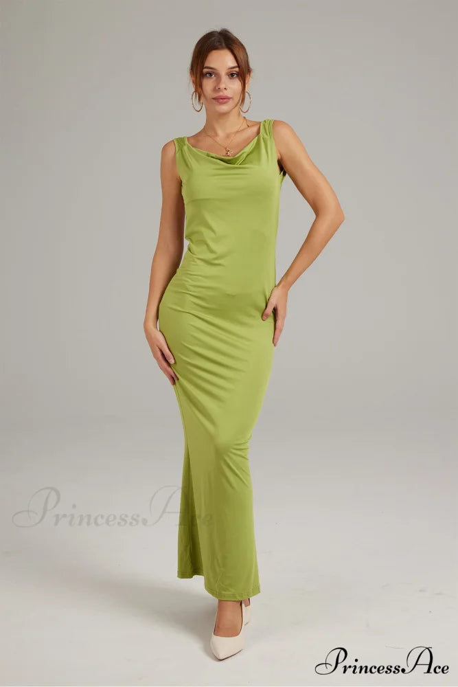 Cowl Neck Backless Pack Hip Dress in Solid Color