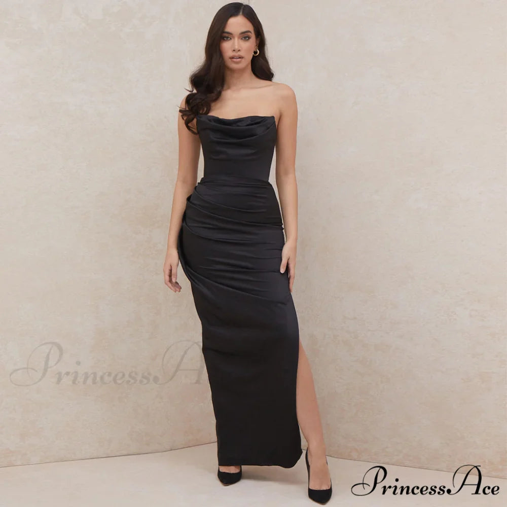 Cowl Neck Split Trendy Satin Maxi Dress