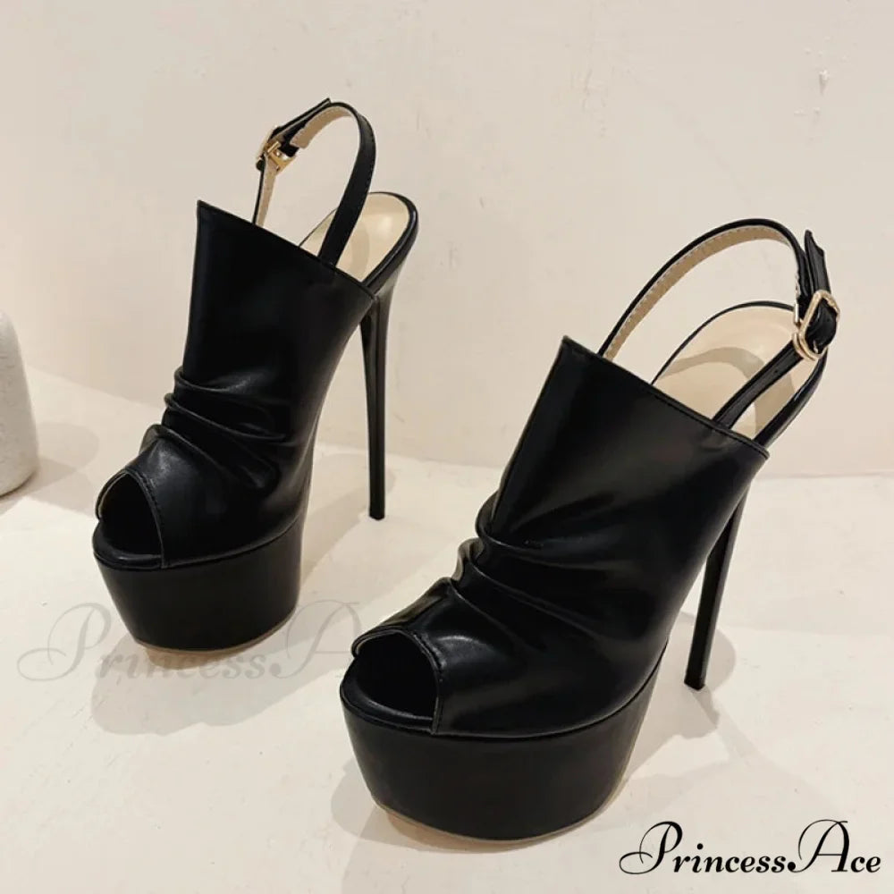 Cozy Pleated Leather Super-High Platform Nightclub Party Peep-Toe Black Sexy High Heel