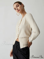 Cream Button Graceful Down Curved Cardigan
