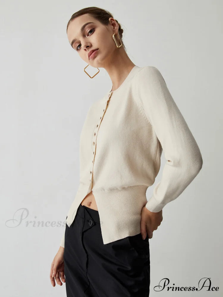 Cream Button Graceful Down Curved Cardigan