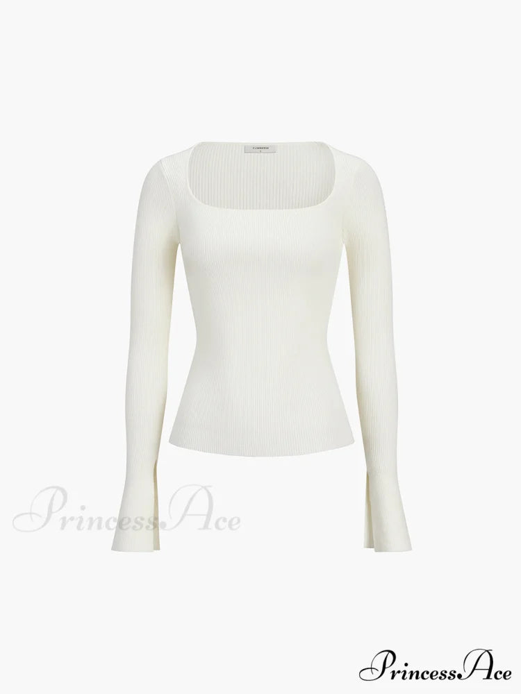 Cream Flare Long Trendy Sleeve Knit Top