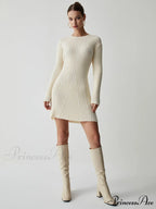 Cream Rib Long Trendy Sleeve Short Sweater Dress