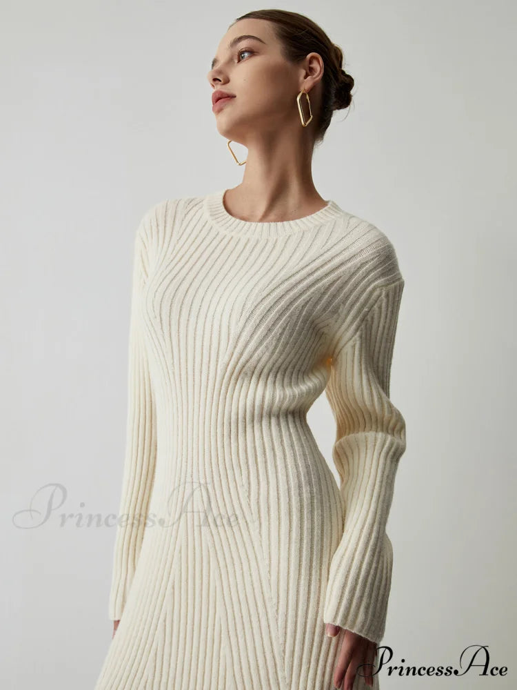 Cream Rib Long Trendy Sleeve Short Sweater Dress