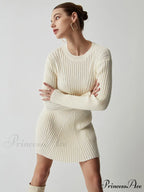 Cream Rib Long Trendy Sleeve Short Sweater Dress