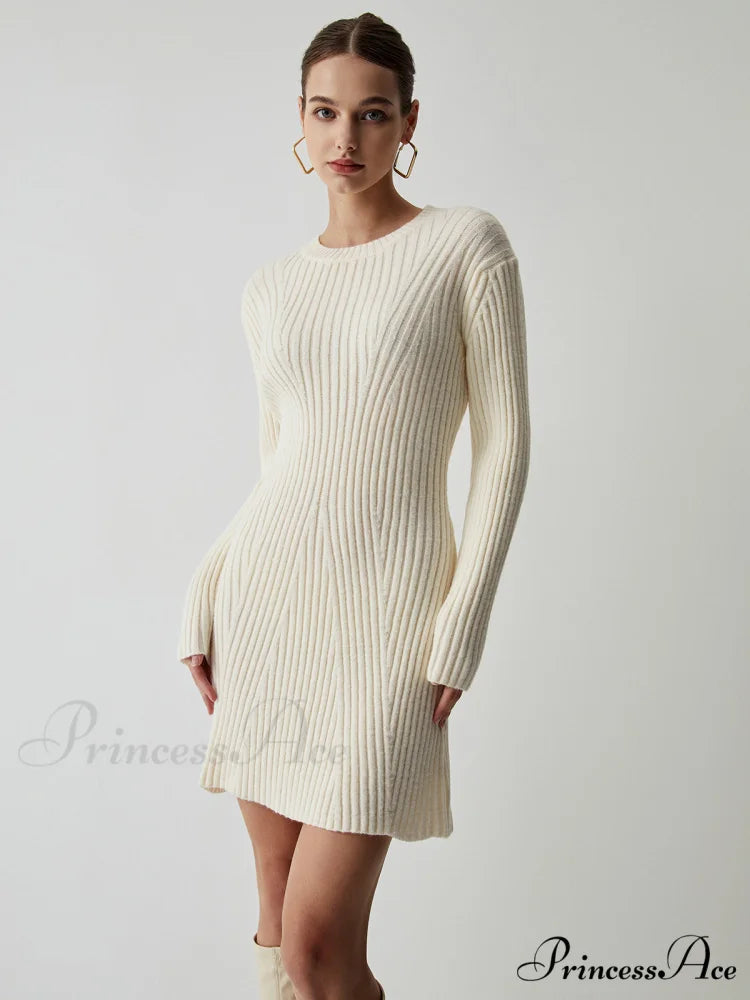 Cream Rib Long Trendy Sleeve Short Sweater Dress