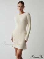 Cream Rib Long Trendy Sleeve Short Sweater Dress