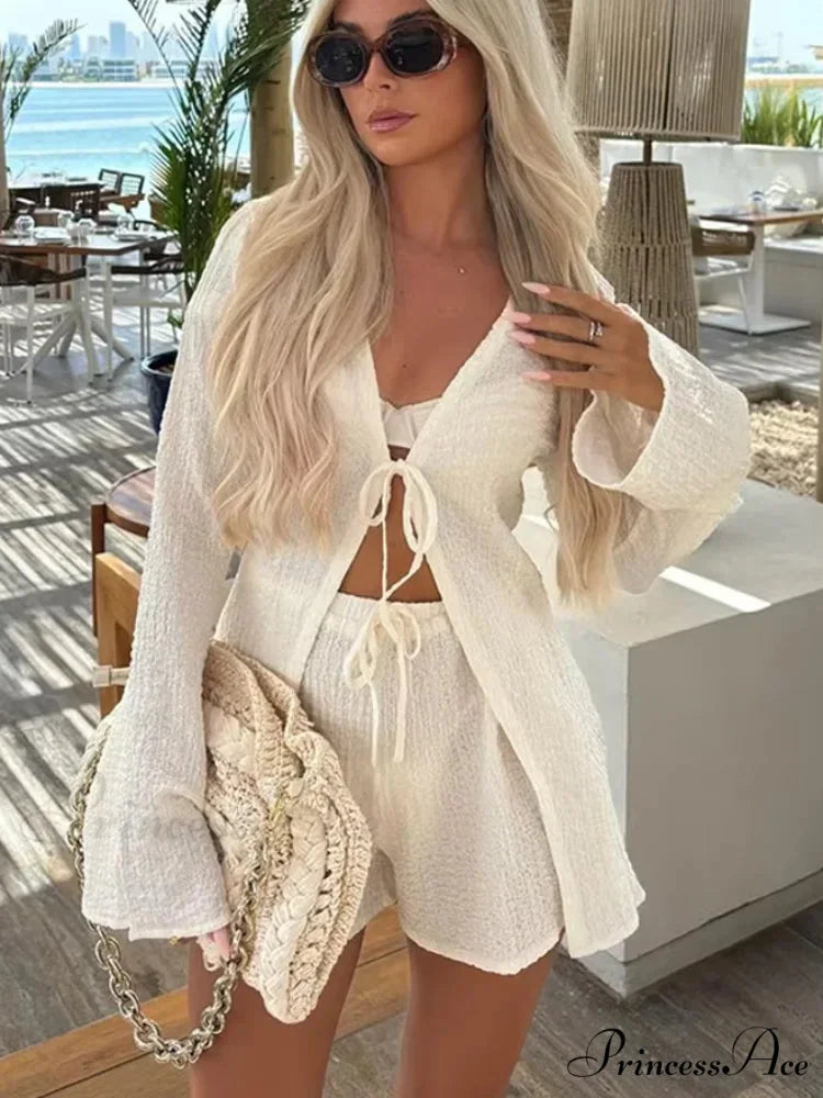 Crease Lace Extended Sleeve Ivory Blouse