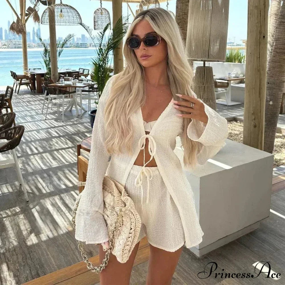 Crease Lace Extended Sleeve Ivory Blouse