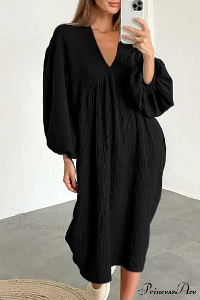 Crepe V Neck Puff Sleeve Loose Dress
