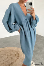 Crepe V Neck Puff Sleeve Loose Dress