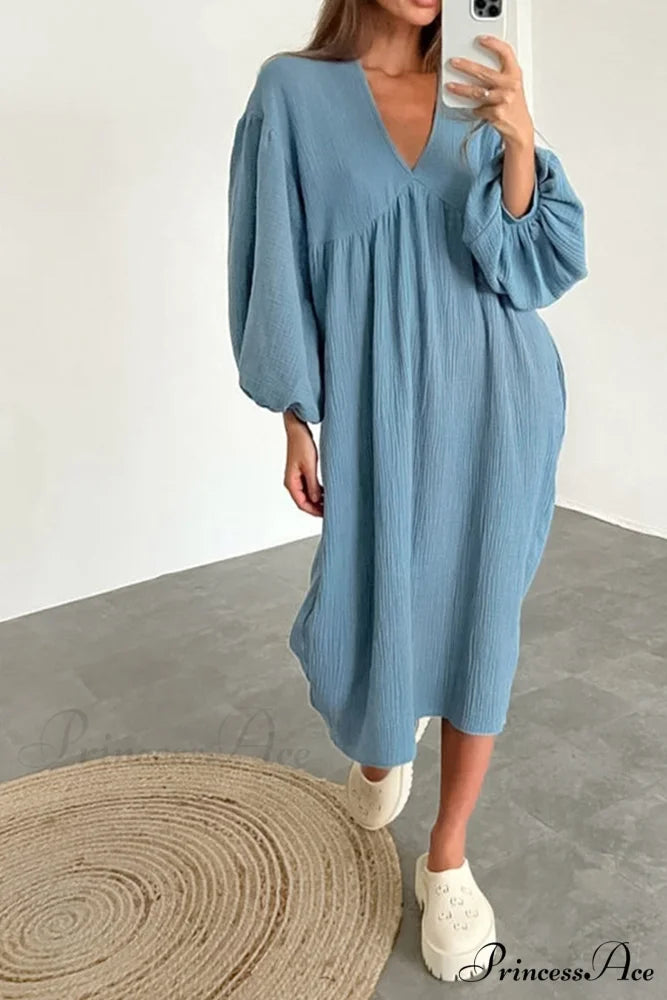 Crepe V Neck Puff Sleeve Loose Dress