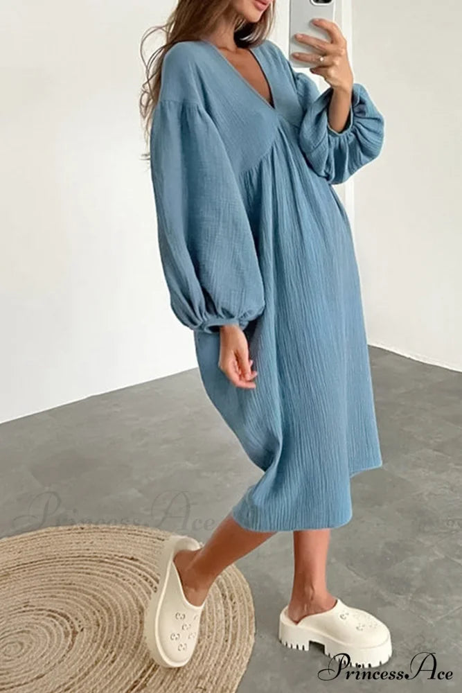Crepe V Neck Puff Sleeve Loose Dress