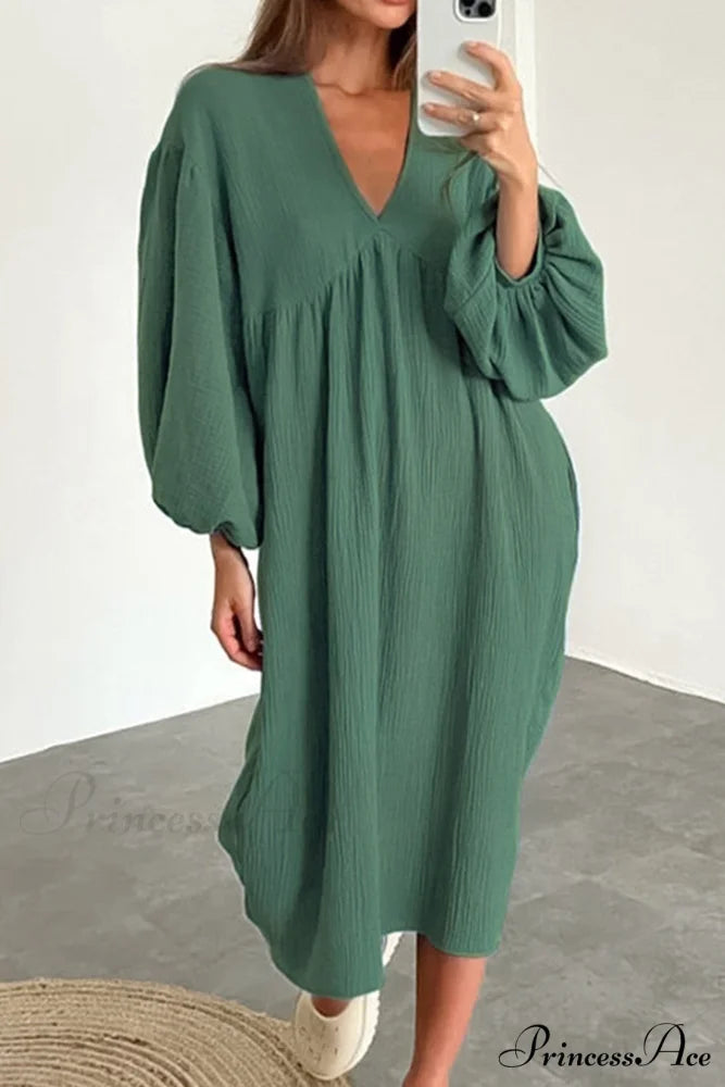 Crepe V Neck Puff Sleeve Loose Dress