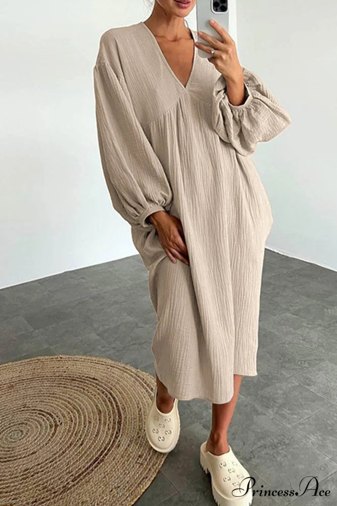 Crepe V Neck Puff Sleeve Loose Dress