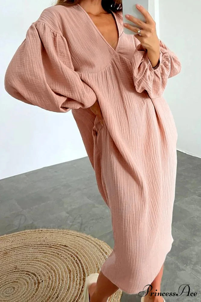 Crepe V Neck Puff Sleeve Loose Dress