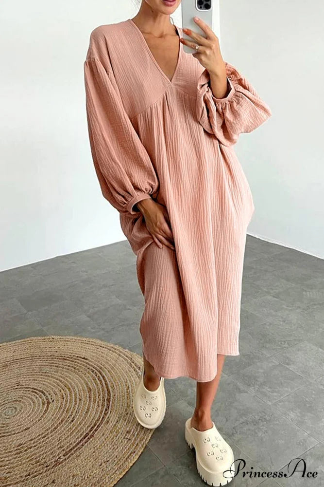 Crepe V Neck Puff Sleeve Loose Dress